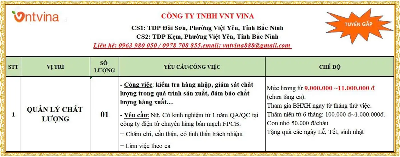 Bắc ninh tuyển quản lí chất lượng