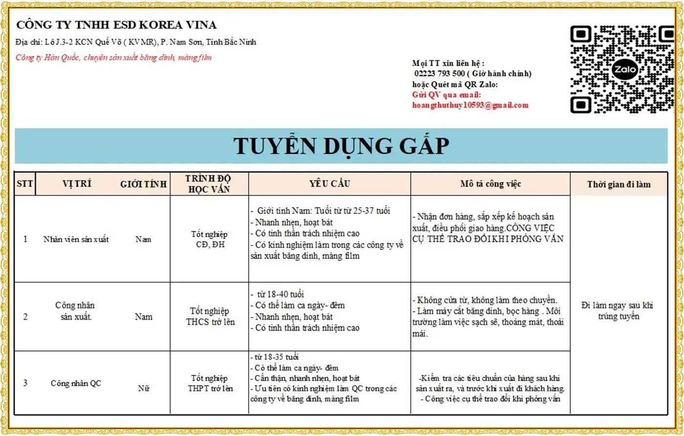 Bắc Ninh tuyển nhân viên, công nhân sản xuất