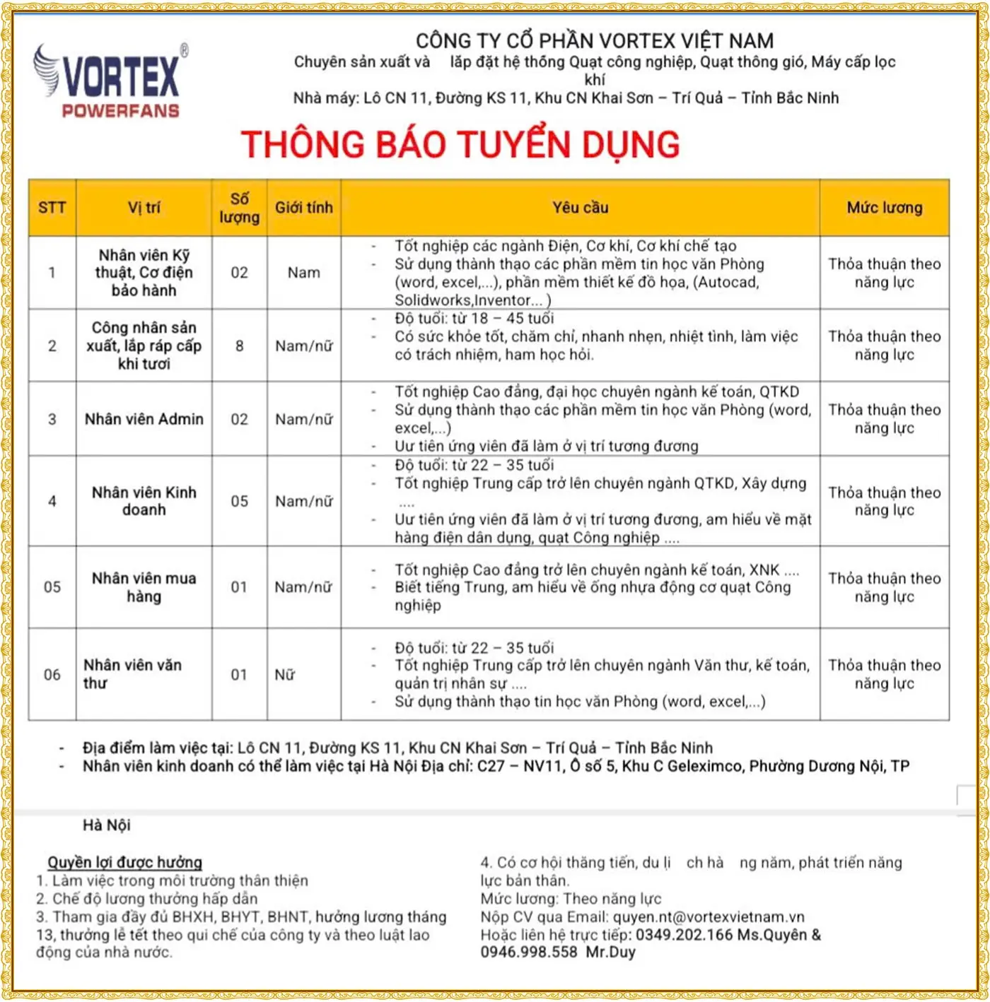 Tuyển nhân viên kỹ thuật, cơ điện