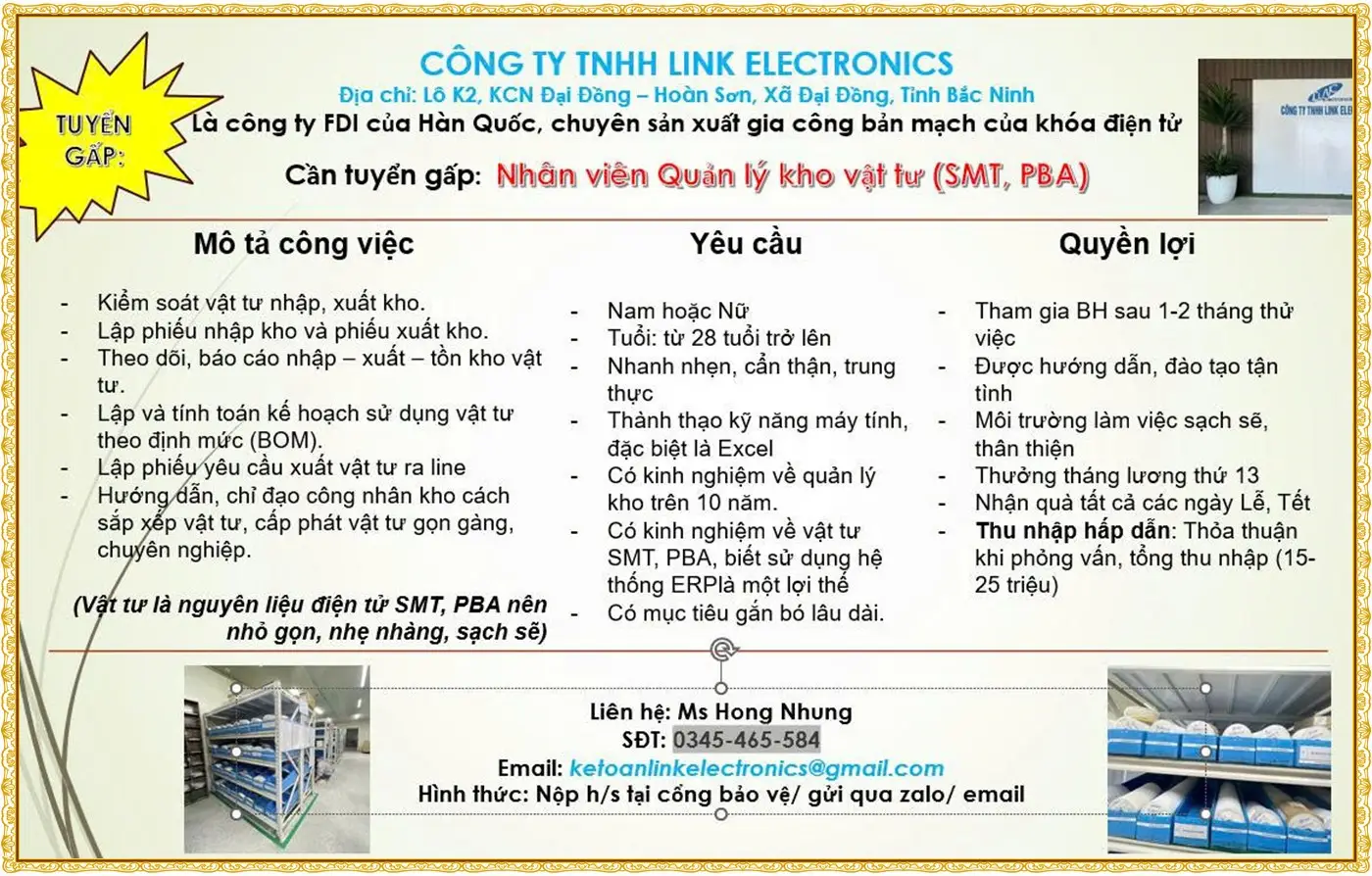 Bắc ninh tuyển nhân viên quản lý kho vật tư