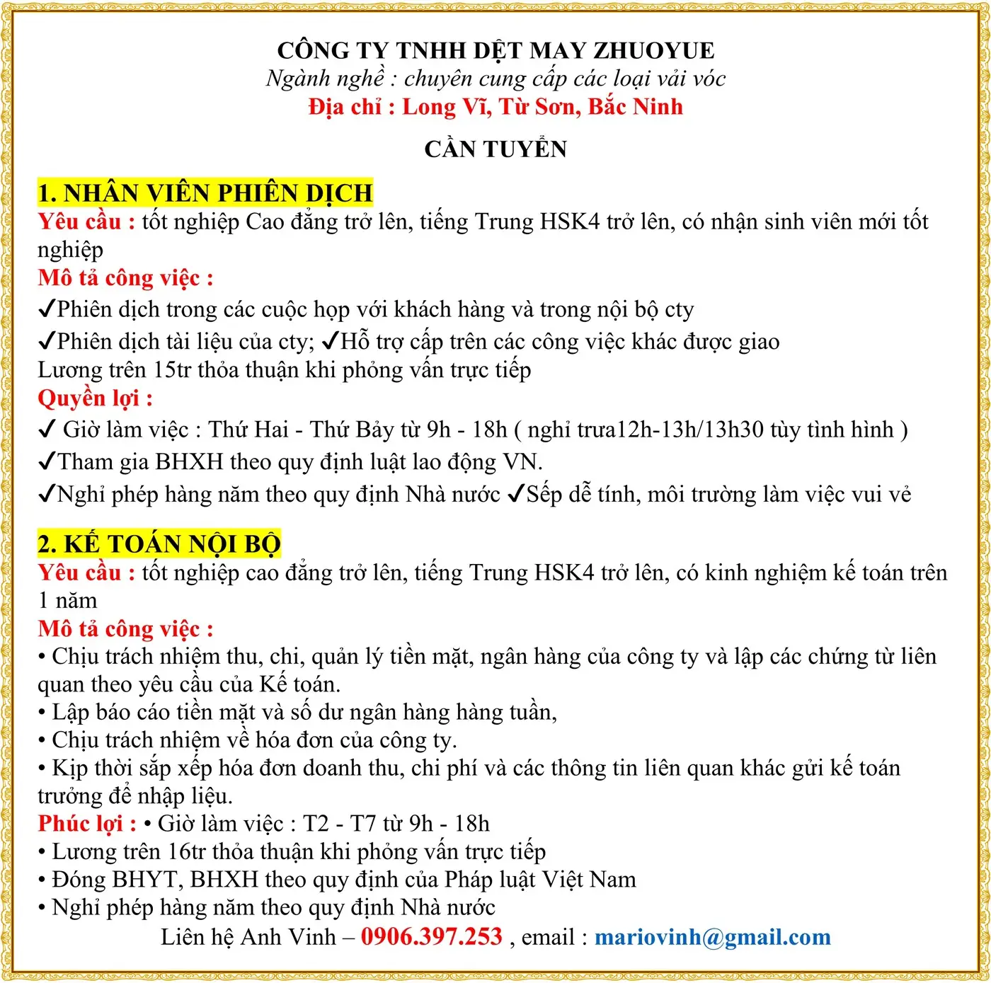 Bắc ninh tuyển NHÂN VIÊN PHIÊN DỊCH, KẾ TOÁN NỘI BỘ