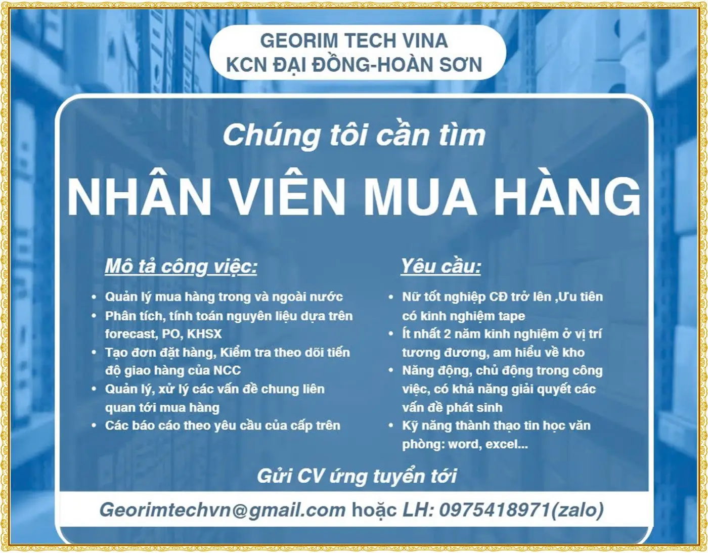 Tuyển nhân viên mua hàng tại Bắc Ninh