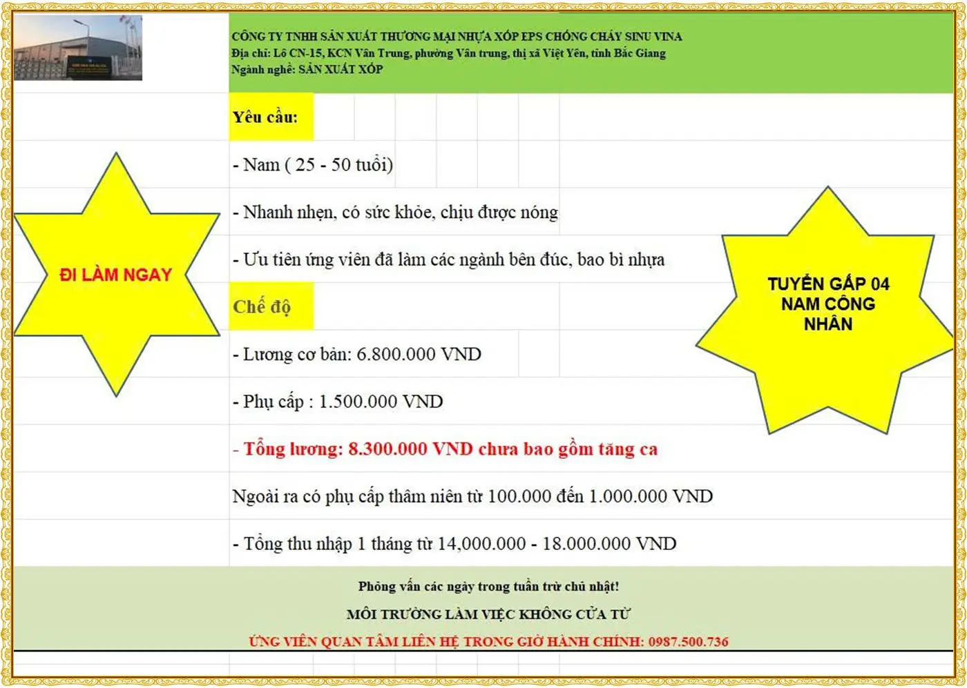 Tuyển công nhân nam tại Bắc Ninh