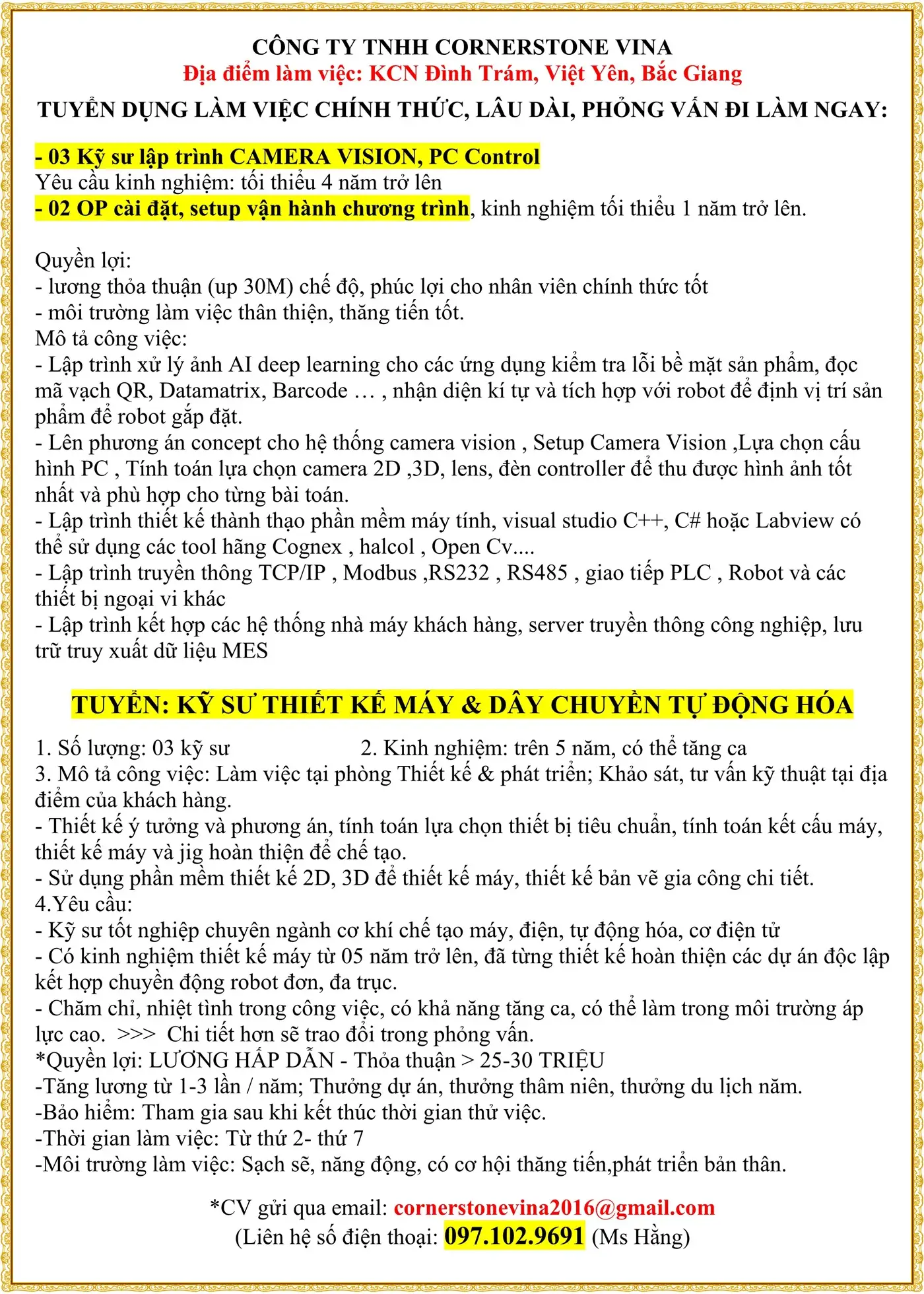 Bắc Ninh TUYỂN: KỸ SƯ THIẾT KẾ MÁY & DÂY CHUYỀN TỰ ĐỘNG HÓA