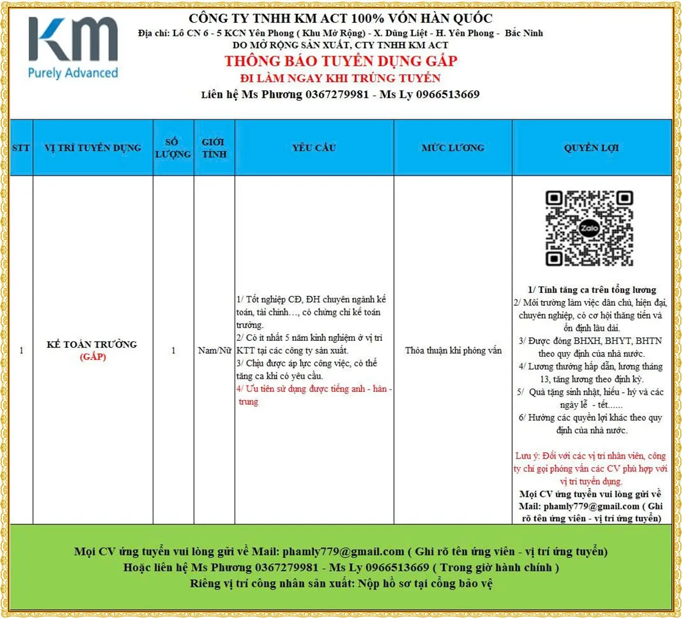 Bắc Ninh tuyển Kế toán trưởng