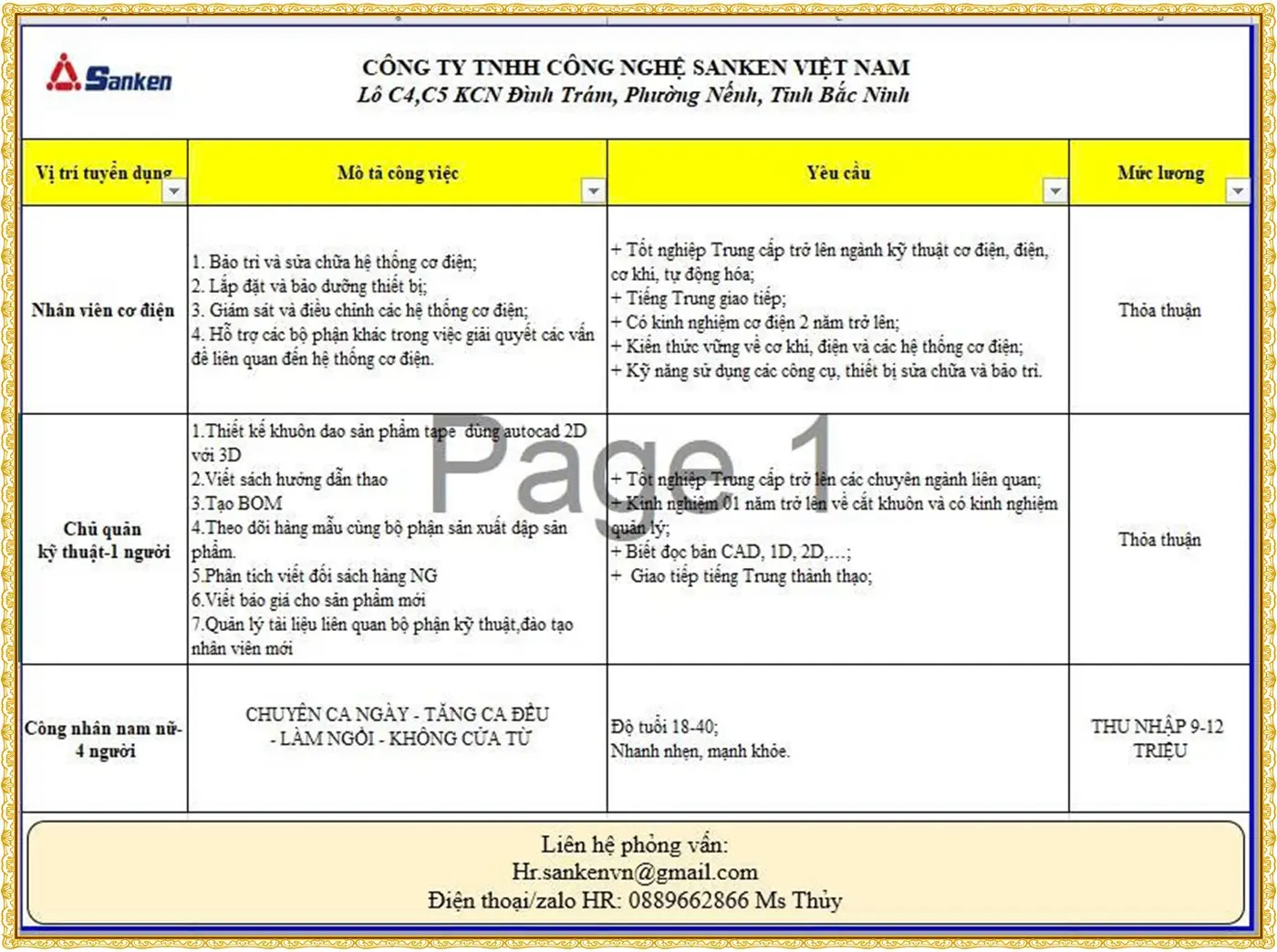 TUyển chủ quản kỹ thuật, nhân viên cơ điện