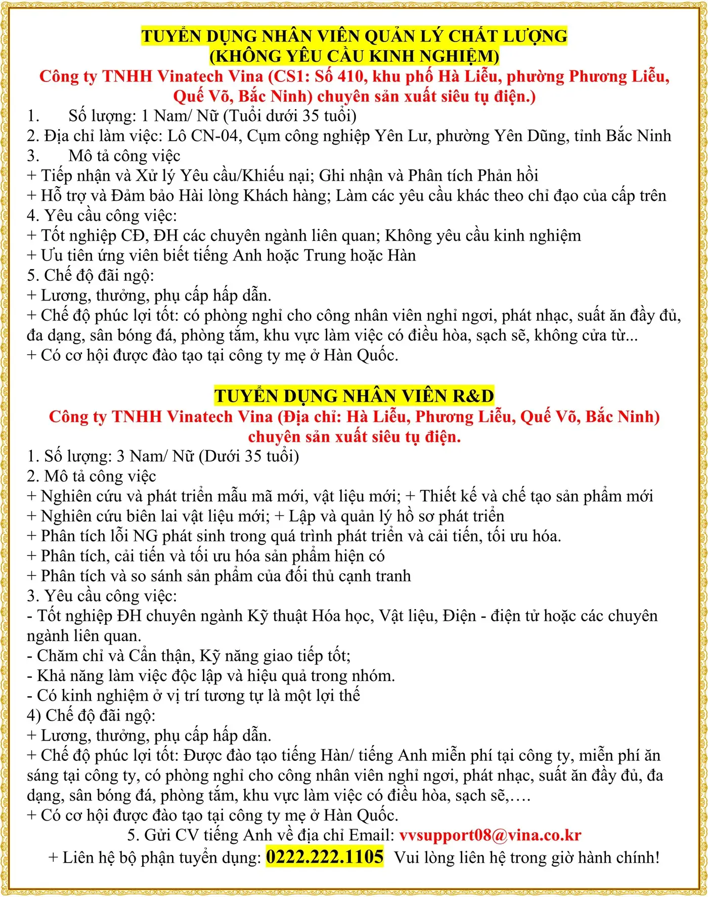 Bắc Ninh tuyển NHÂN VIÊN QUẢN LÝ CHẤT LƯỢNG