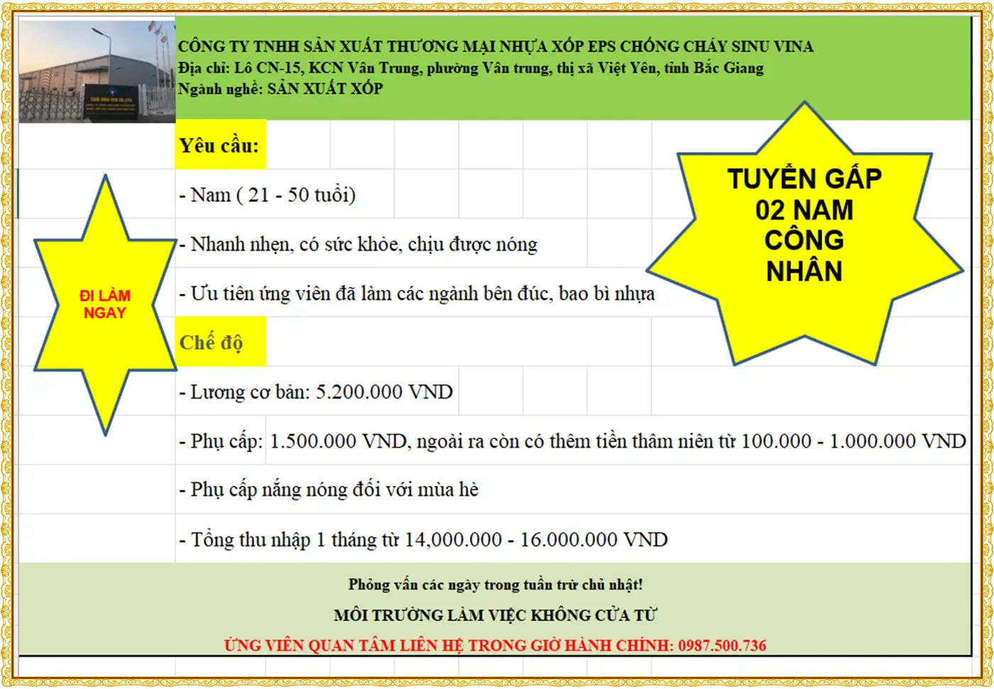 Tuyển gấp công nhân tại bắc ninh ngành xốp