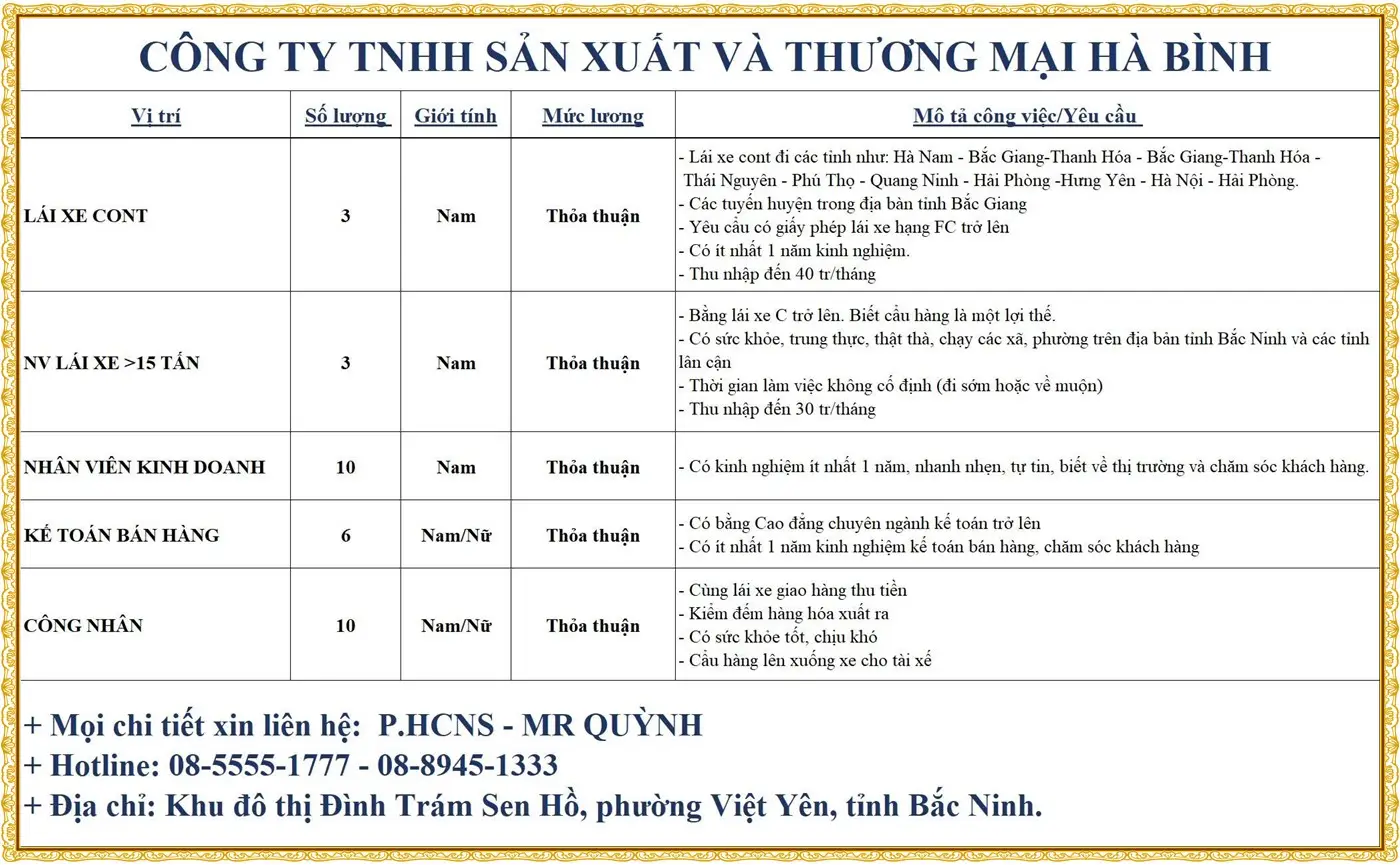 Bắc Ninh tuyển nhân viên lái xe cont, xe 15 tấn