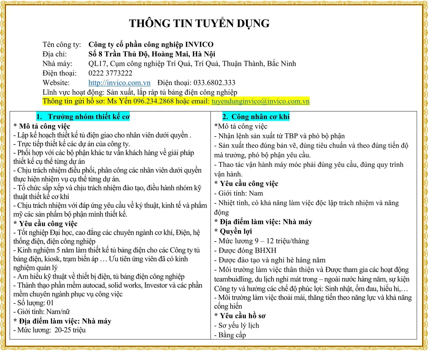 Tuyển 1. Trưởng nhóm thiết kế cơ, 2. Công nhân cơ khí