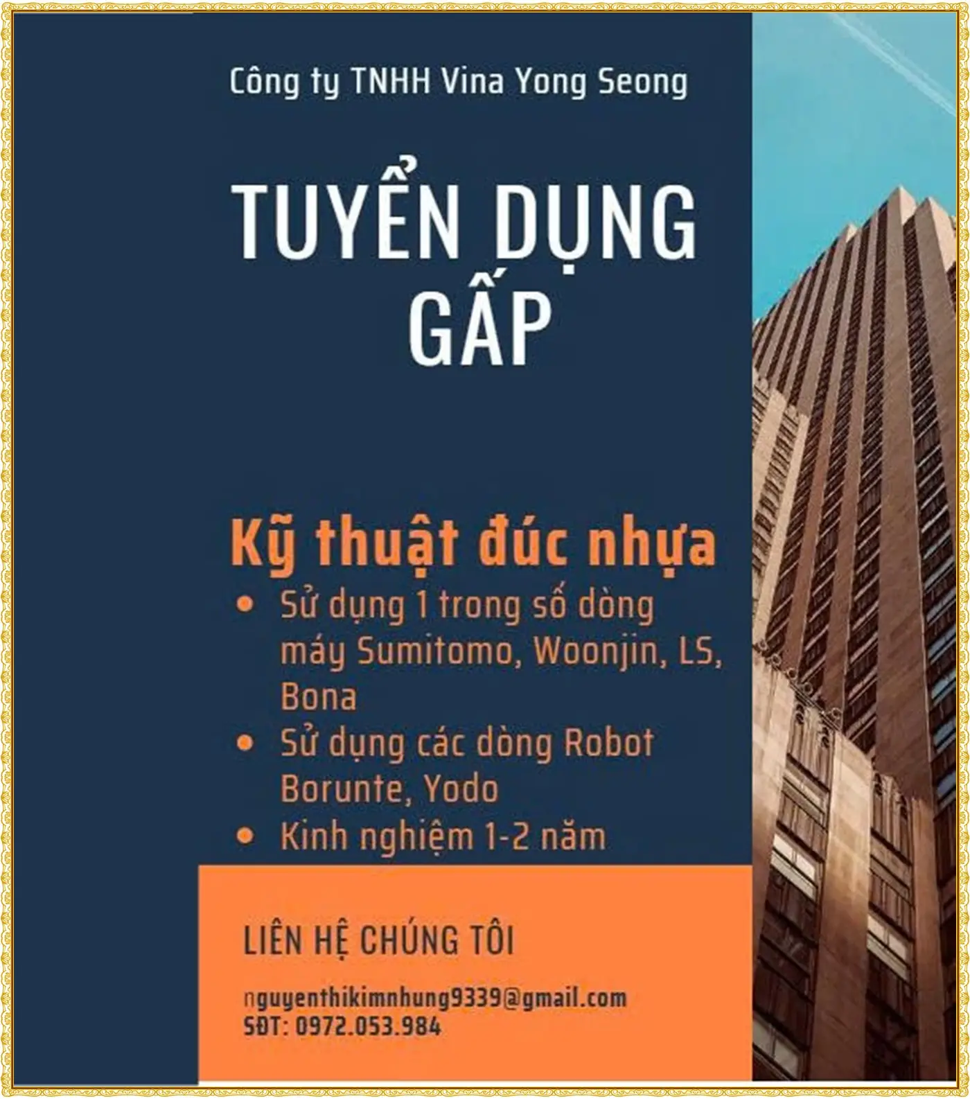 Tuyển Kỹ thuật đúc nhựa tại hải Phòng