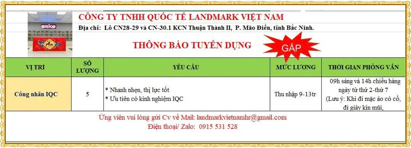 Tuyển công nhân IQC tại Bắc Ninh