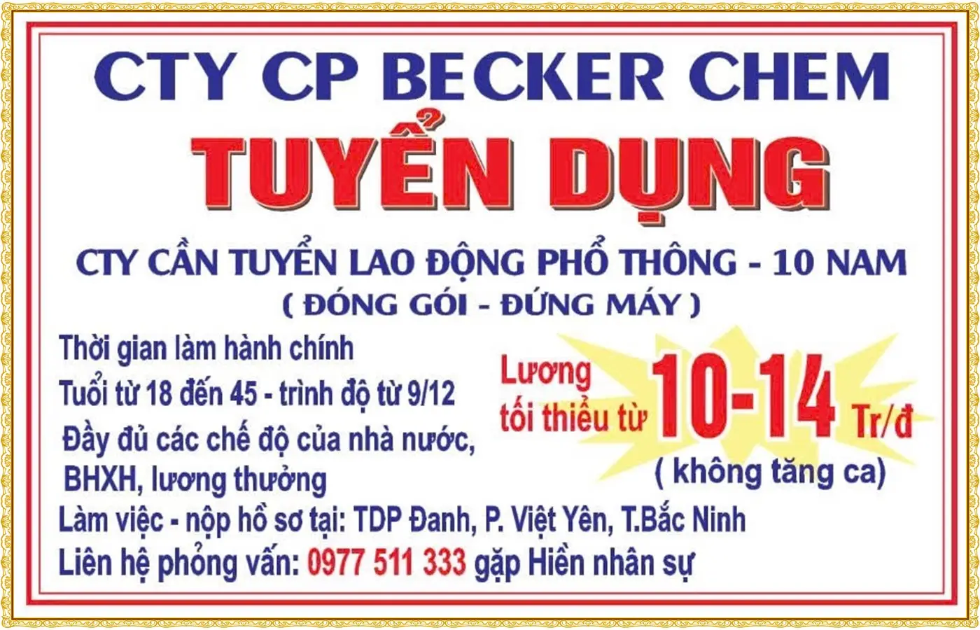 Tuyển lao động phổ thông đóng gói, đứng máy tại bắc ninh