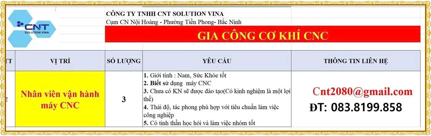 TUyển nhân viên CNC tại bắc ninh