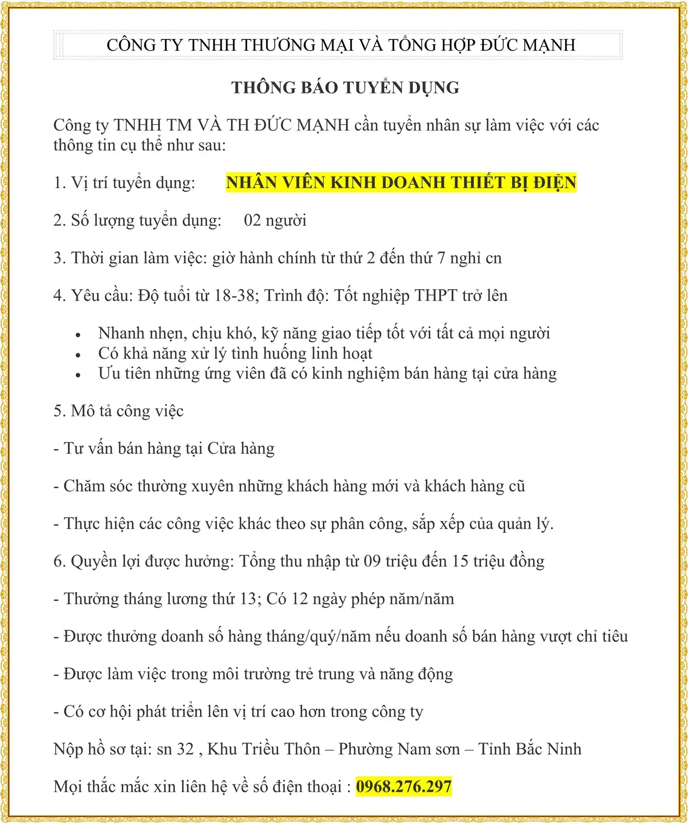 tuyển dụng: NHÂN VIÊN KINH DOANH THIẾT BỊ ĐIỆN tại Bắc Ninh