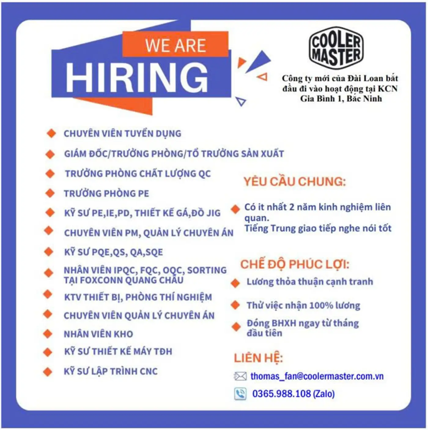 Tuyển chuyên viên tuyển dụng, giám đốc, trưởng phòng, kỹ sư tại Bắc ninh