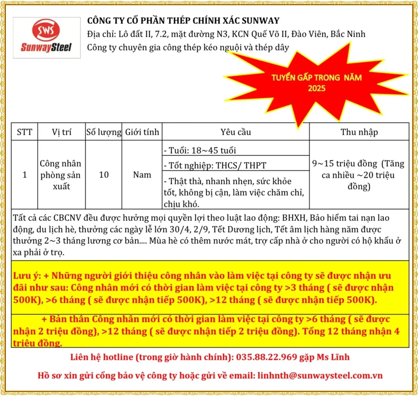 Tuyển 10 công nhân sản xuất tại Bắc Ninh