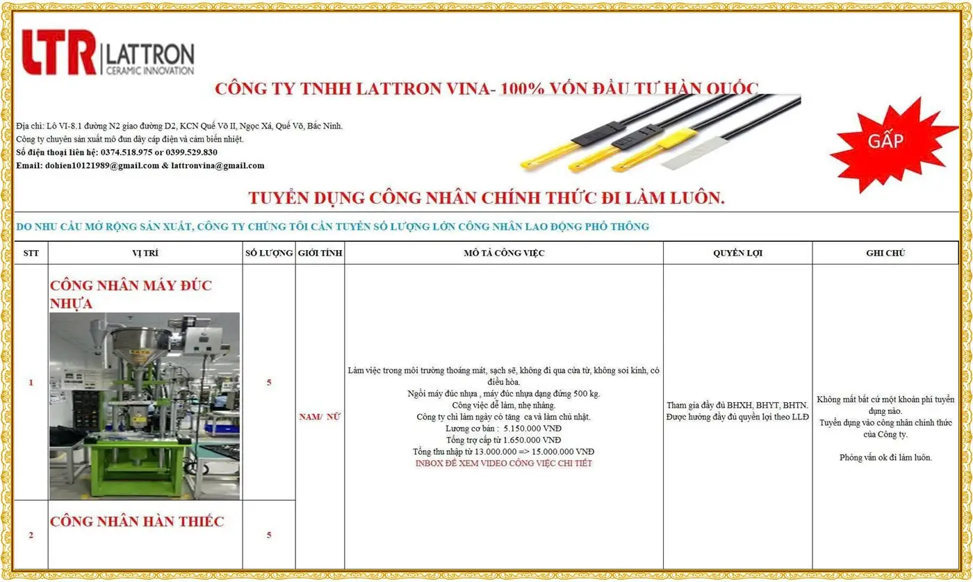 Tuyển công nhân máy đúc nhựa