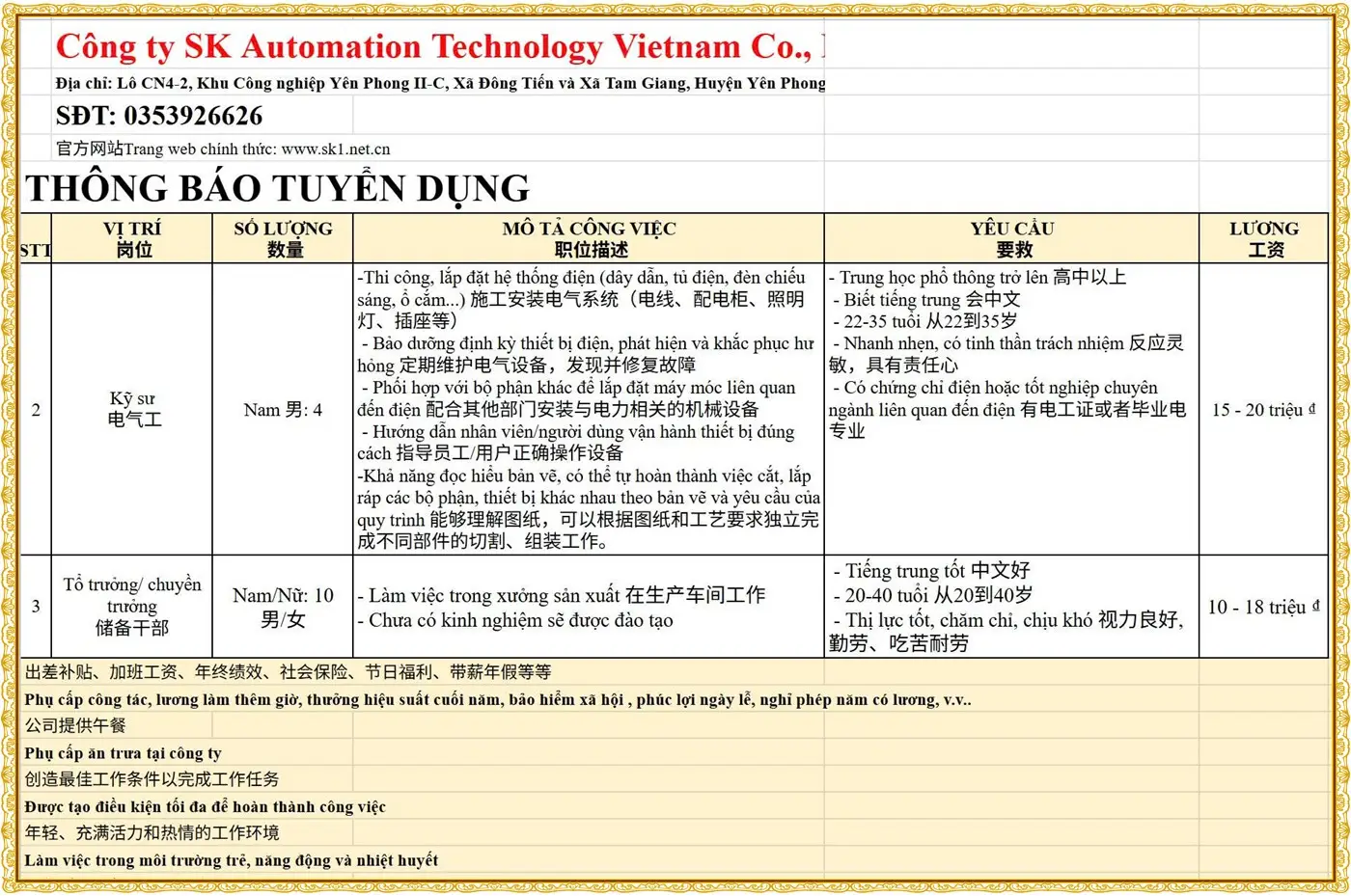 Tuyển kỹ sư, tổ trưởng chuyền tại Bắc Ninh