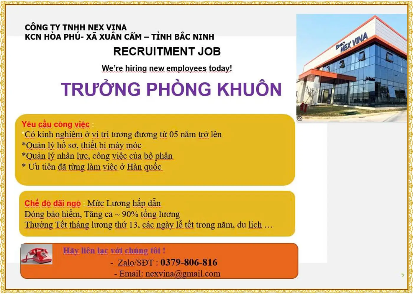 Tuyển trưởng phòng khuôn tại Bắc Ninh