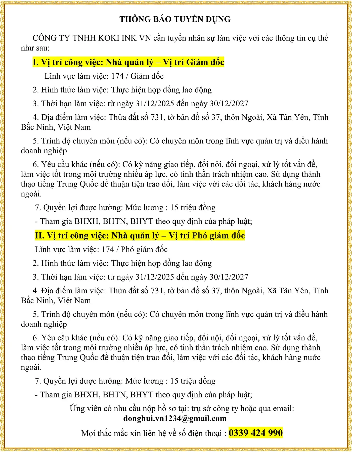 Tuyển Giám đốc và Phó giám đốc tại Bắc Ninh