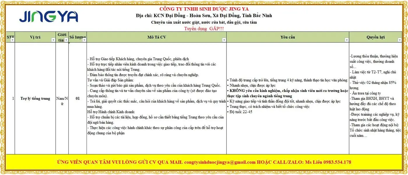 Bắc Ninh tuyển thư ký tiếng Trung