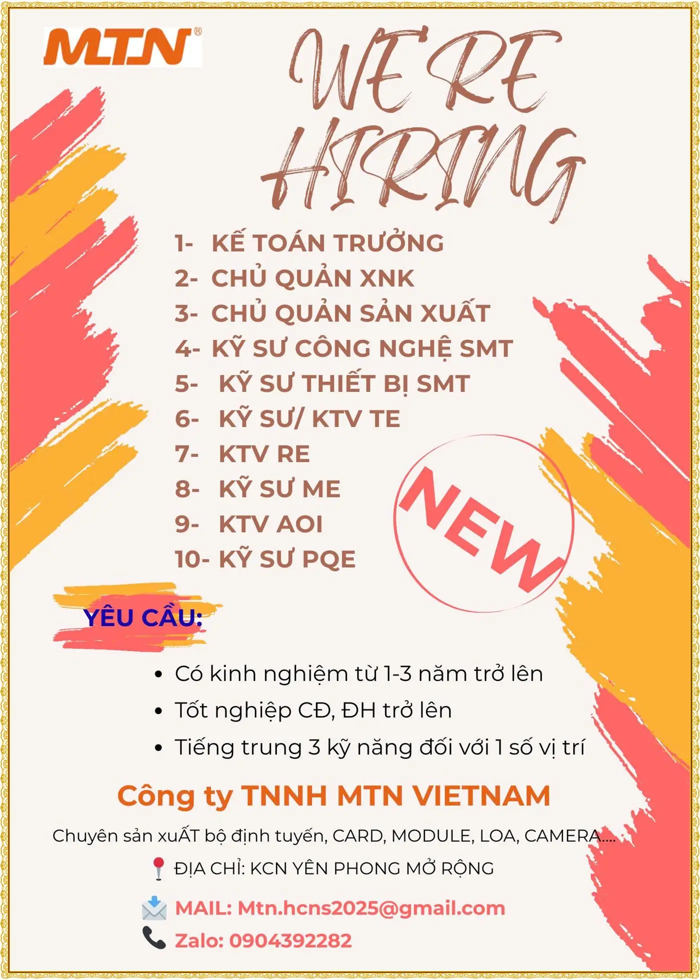 Bắc Ninh tuyển Kế toán trưởng. chủ quản XNK, chủ quản sản xuất