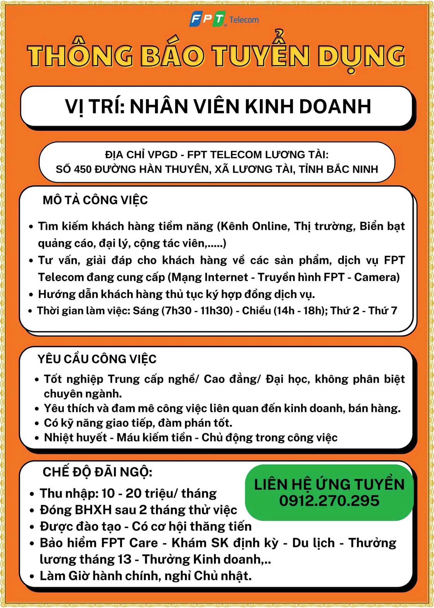 Bắc Ninh tuyển nhân viên kinh doanh FPT