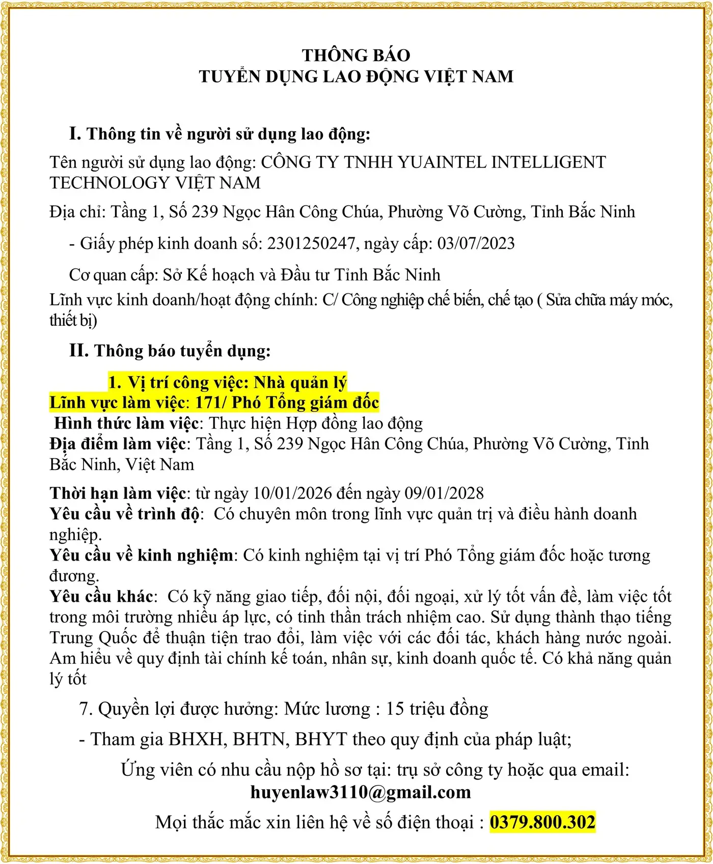 Bắc Ninh tuyển Phó Tổng giám đốc