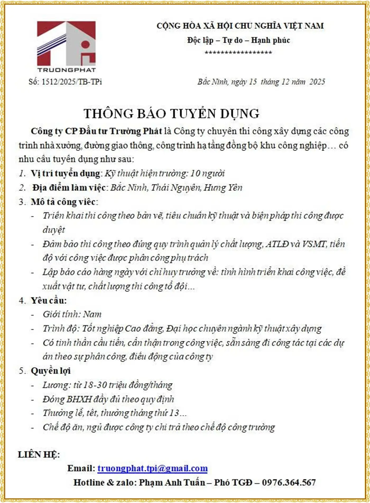 Bắc Ninh tuyển Kỹ thuật hiện trường