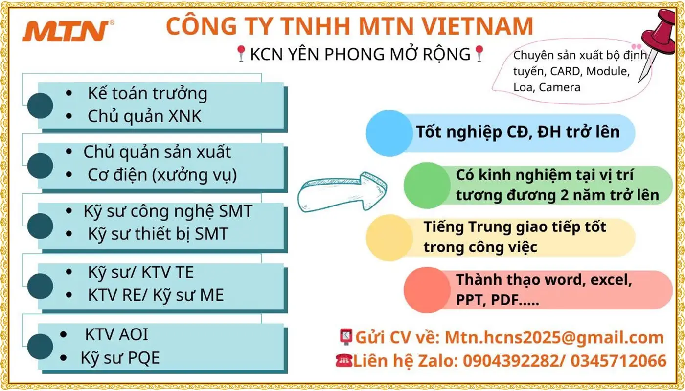 Bắc Ninh tuyển kế toán trưởng, chủ quản sản xuất