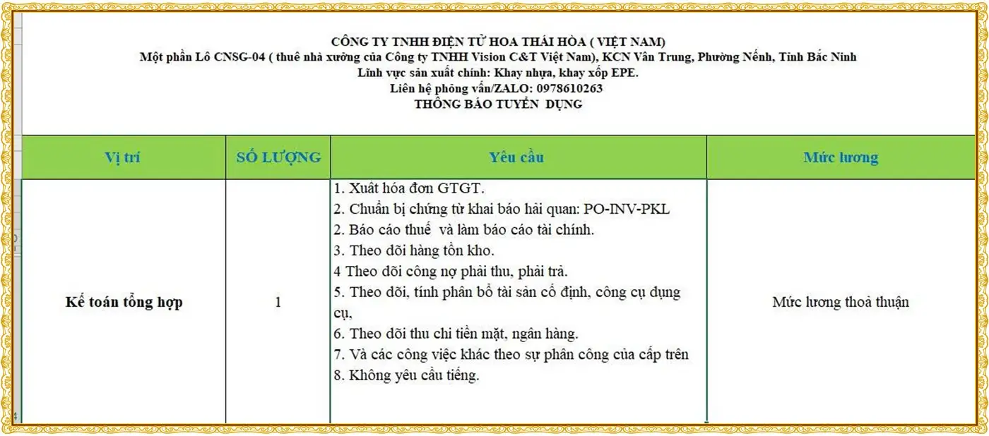 Bắc Ninh tuyển kế toán tổng hợp