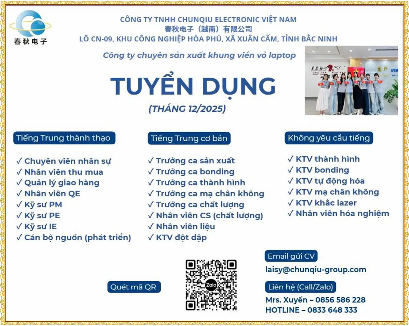 Bắc Ninh tuyển chuyên viên nhân sự, Kỹ sư PM, PE, IE