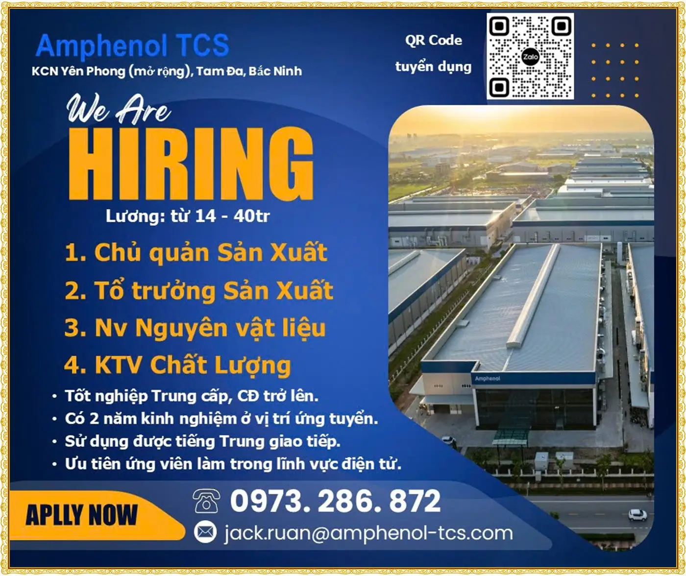 Bắc Ninh tuyển chủ quản sản xuất