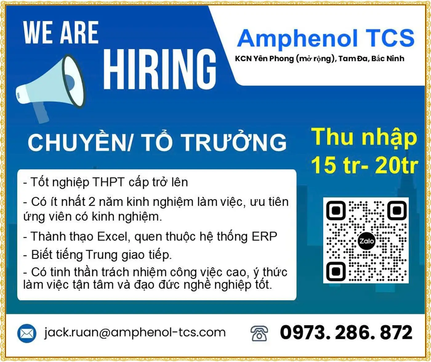 Bắc Ninh tuyển chuyền trưởng, tổ trưởng