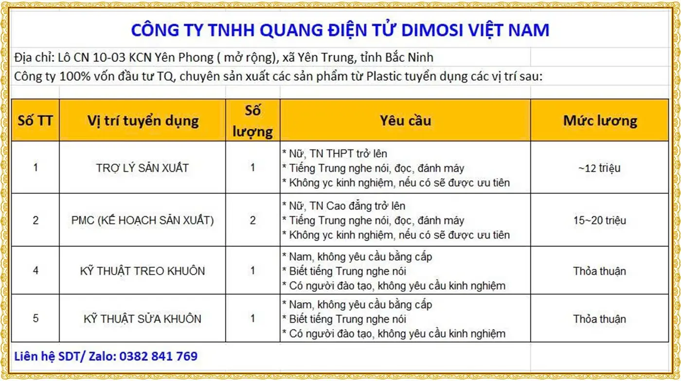 Bắc Ninh tuyển trợ lý sản xuất, PMC