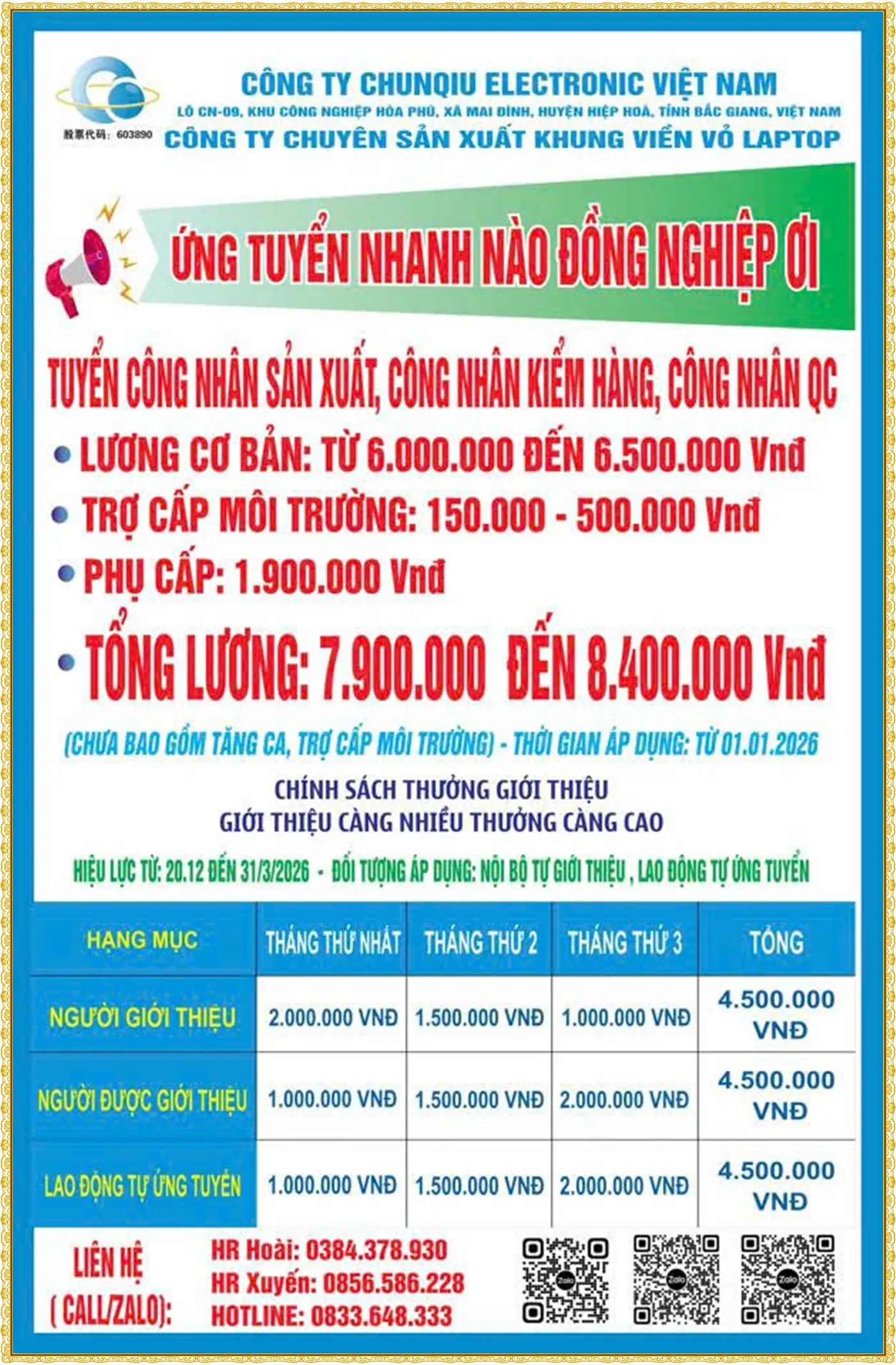Bắc Ninh tuyển công nhân sản xuất, QC