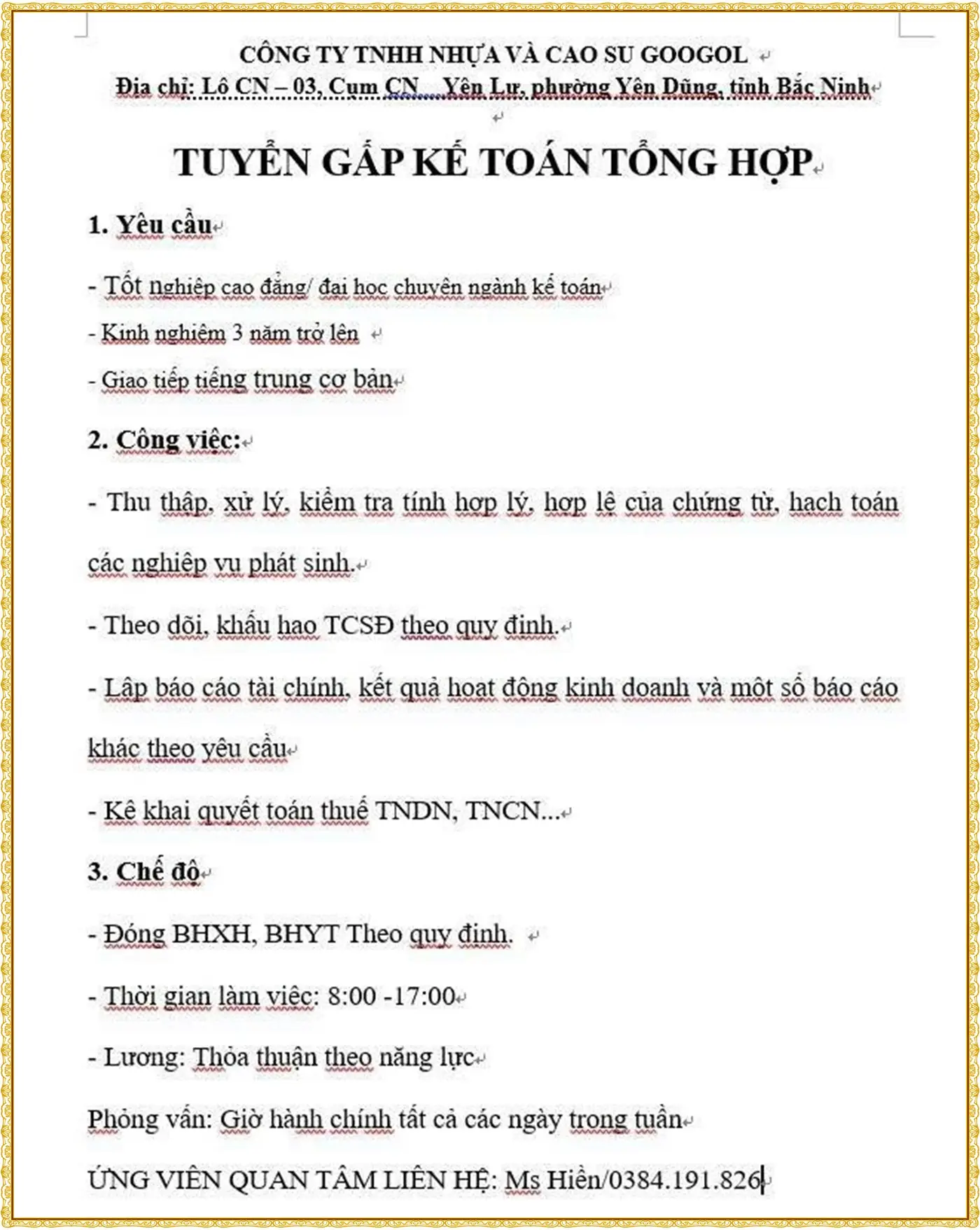 Tuyển gấp kế toán tổng hợp tại bắc ninh
