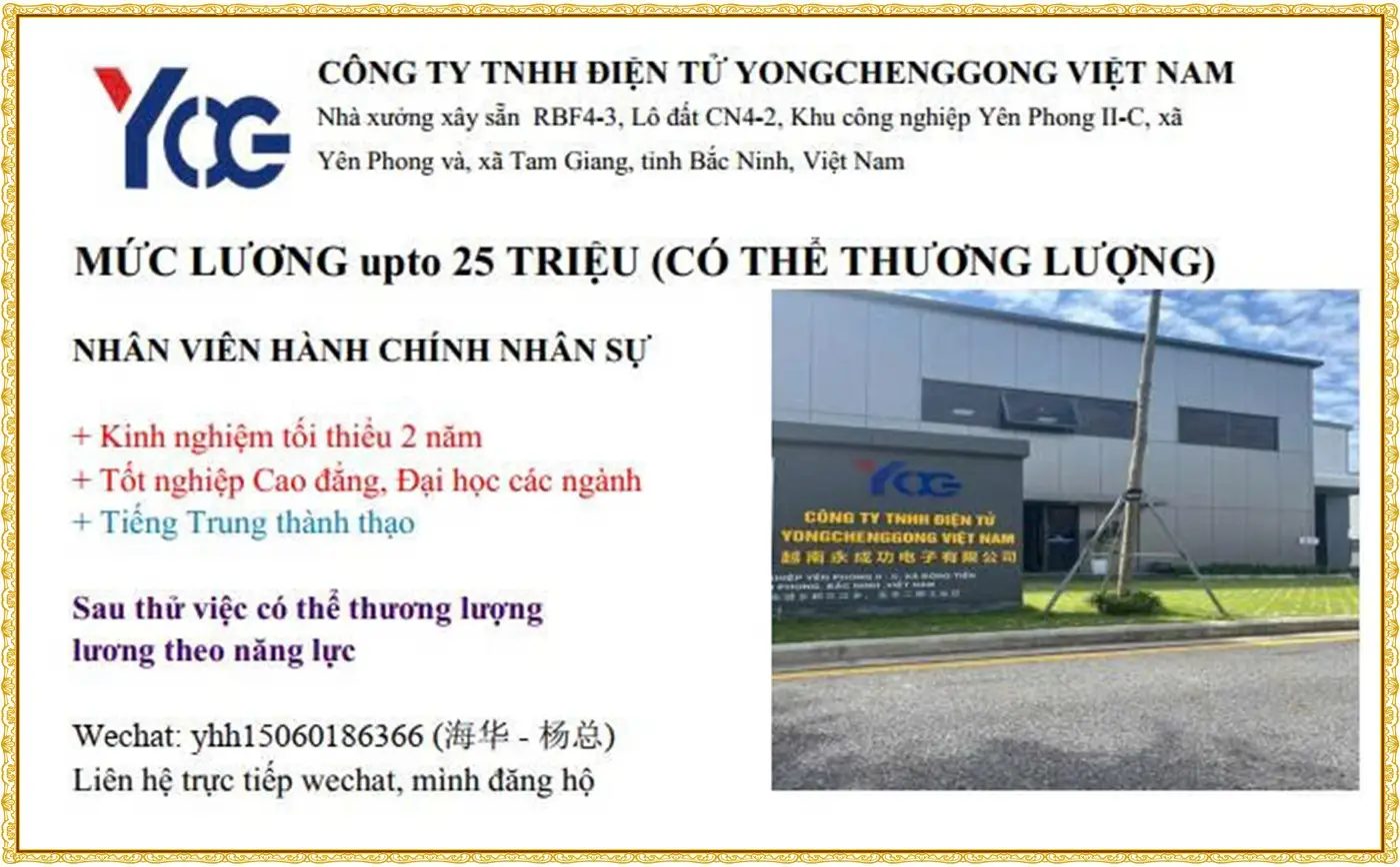 Bắc ninh tuyển nhân viên hành chính nhân sự - lương 25 triệu