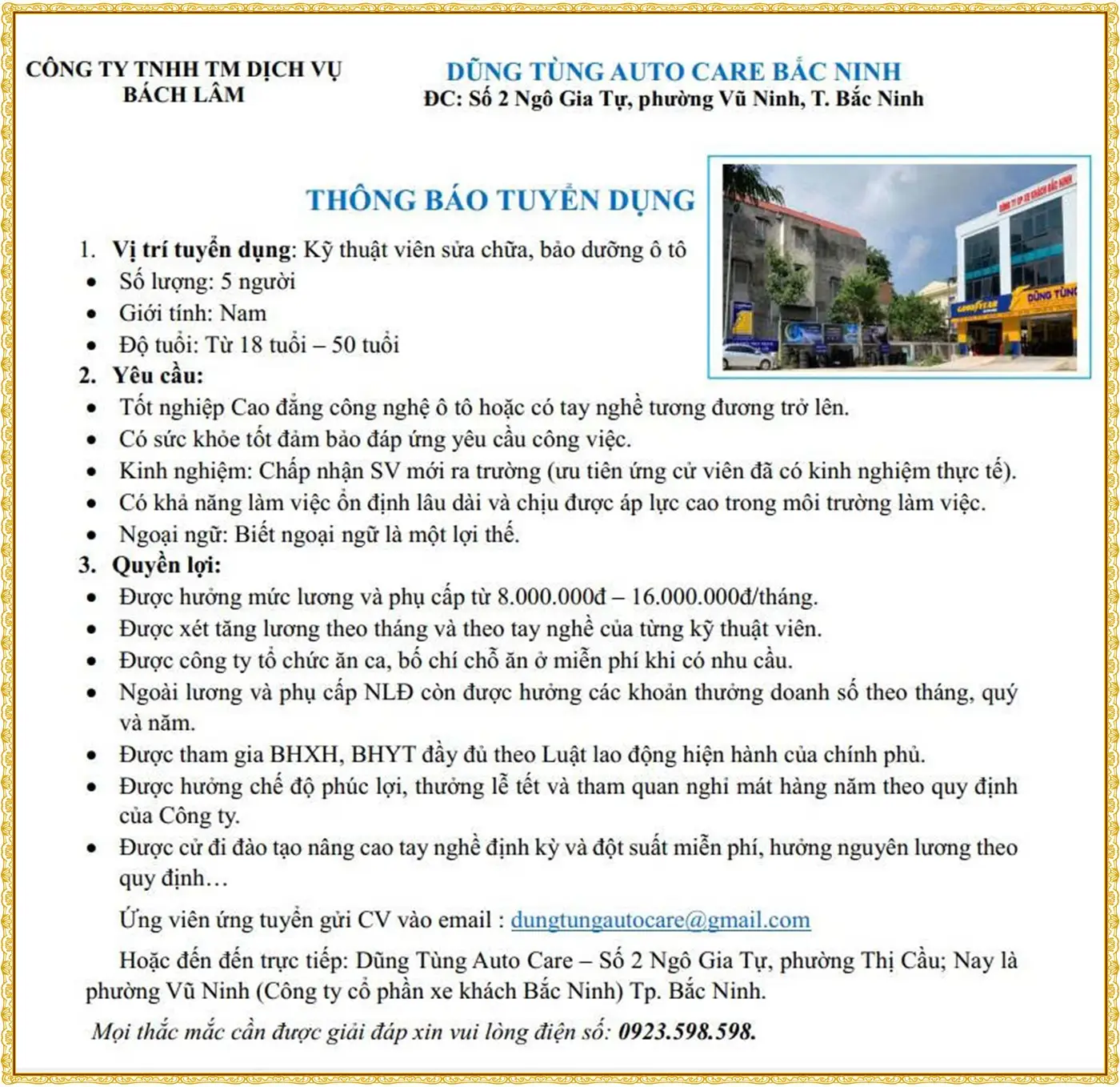 Tuyển kỹ thuật viên sửa chữa bảo dưỡng ô tô