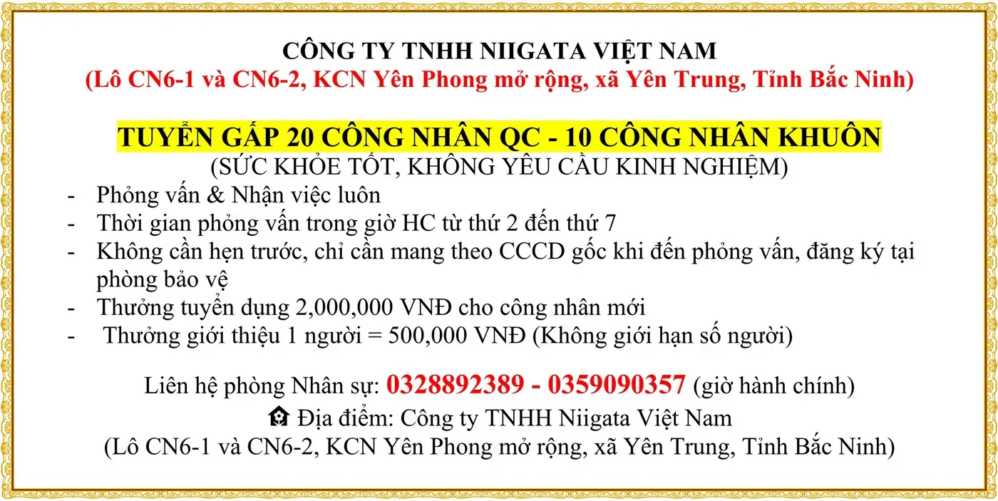 Tuyển gấp 20 công nhân QC, khuôn