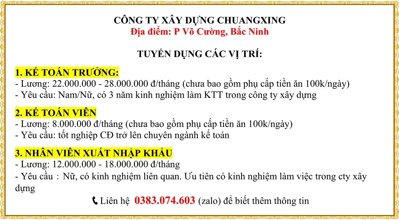 Bắc Ninh tuyển Kế toán trưởng, kế toán, XNK