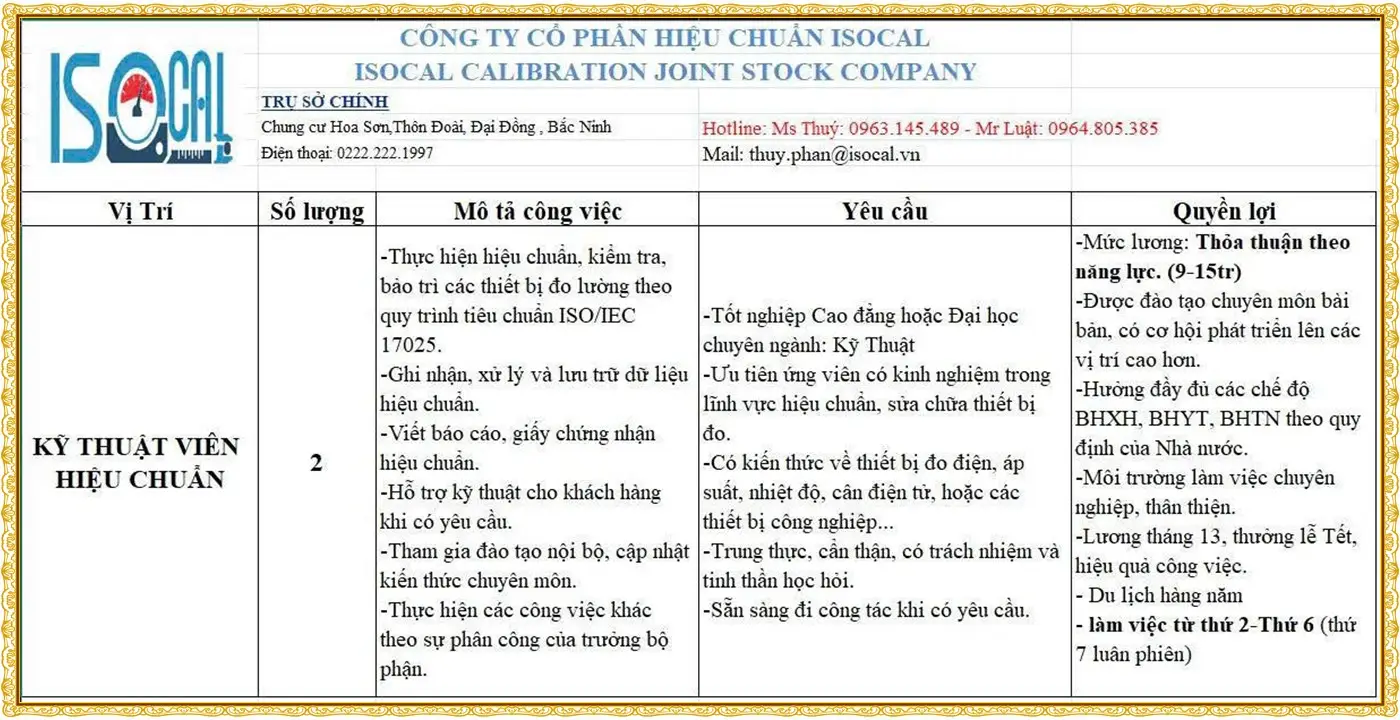 tuyển kỹ thuật viên hiệu chuẩn tại bắc ninh