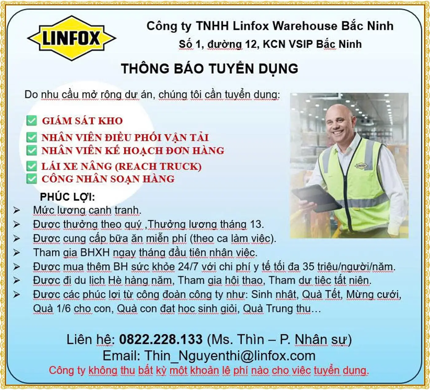 Bắc ninh tuyển giám sát kho, lai xe nâng