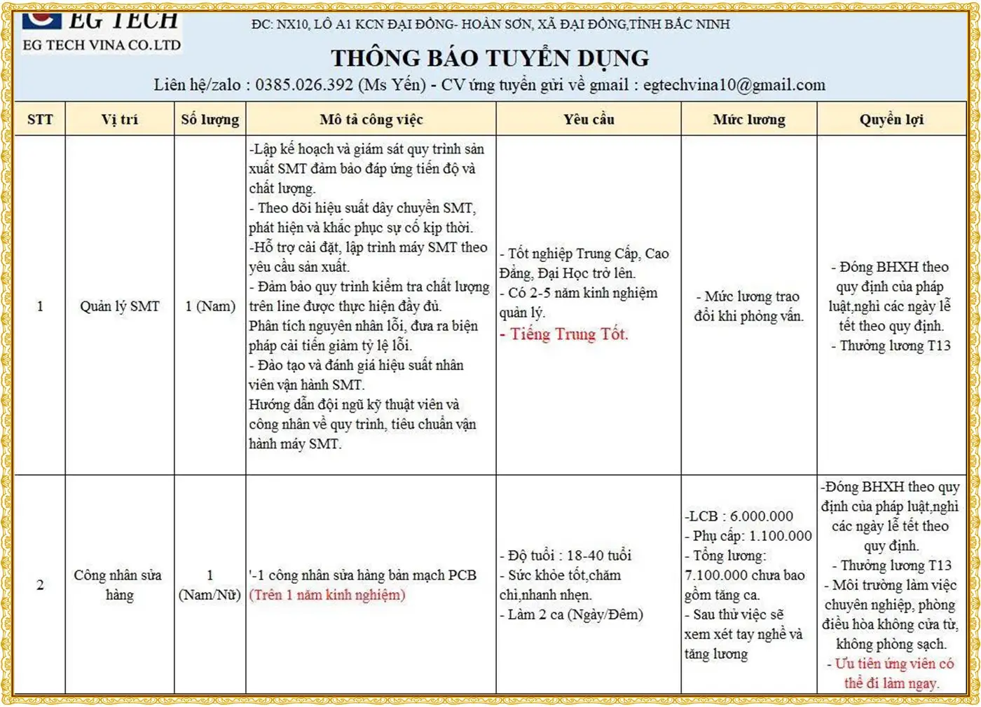 Tuyển quản lý SMT, công nhân tại bắc ninh