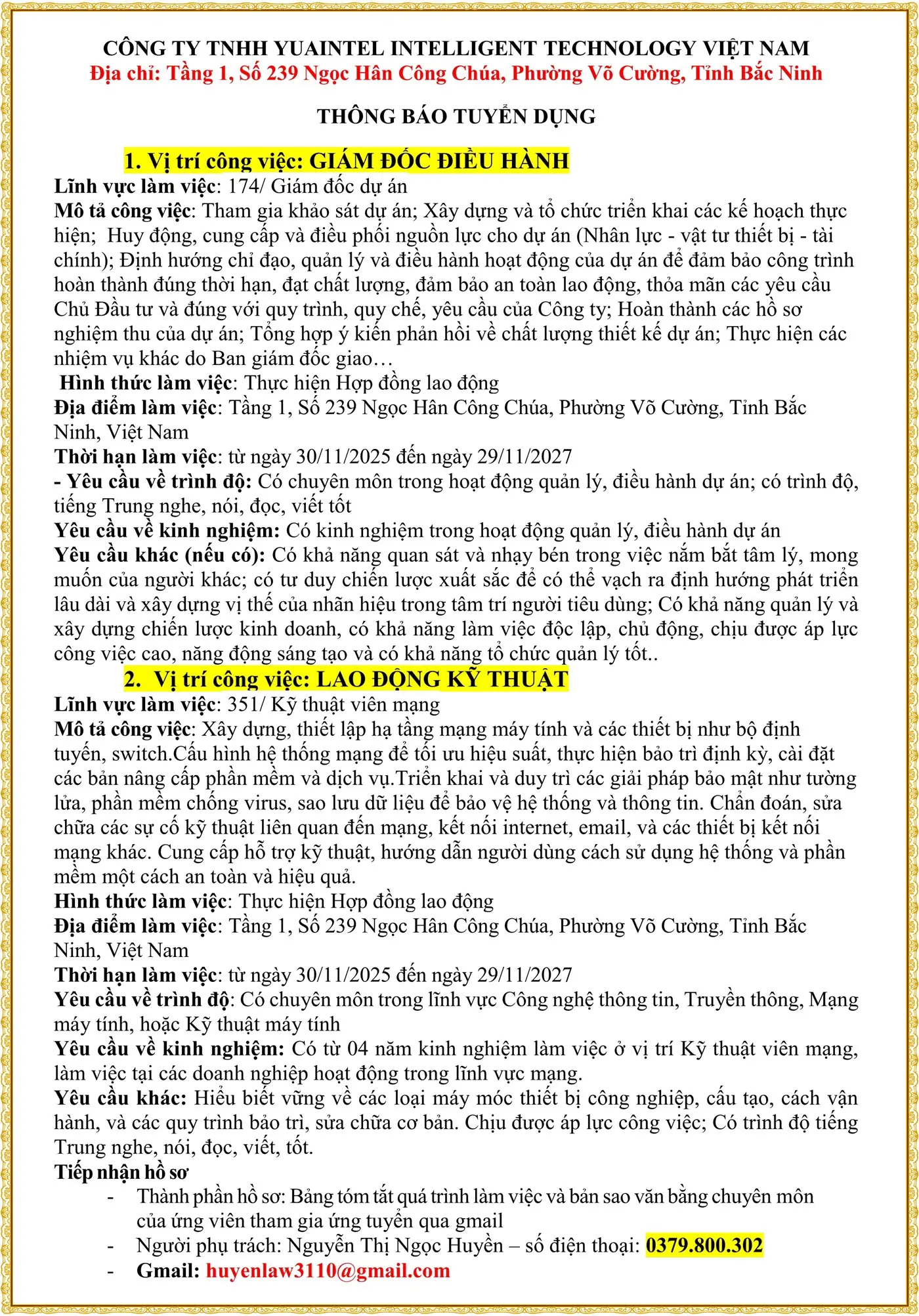 Bắc Ninh tuyển GIÁM ĐỐC ĐIỀU HÀNH, LAO ĐỘNG KỸ THUẬT