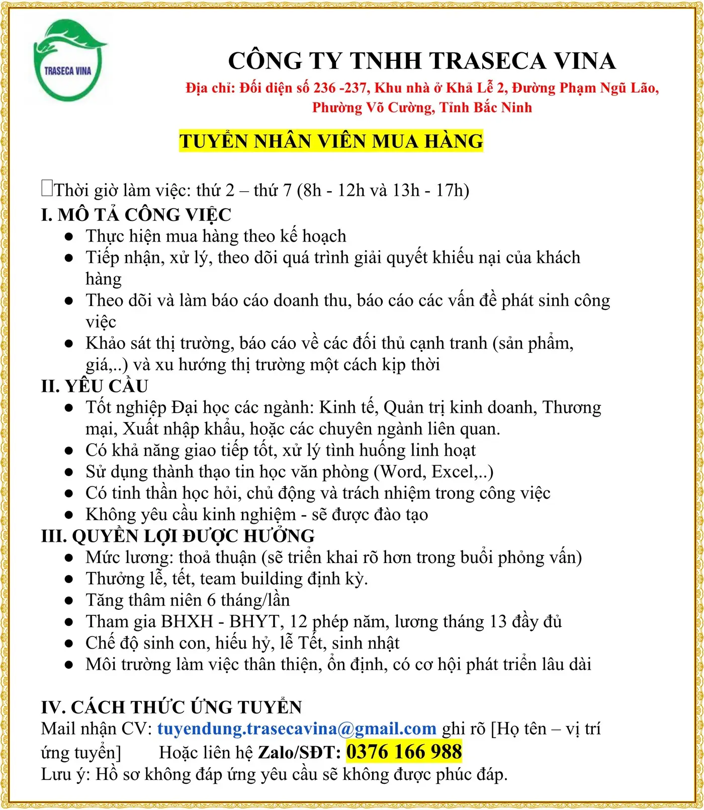 Bắc Ninh TUYỂN NHÂN VIÊN MUA HÀNG