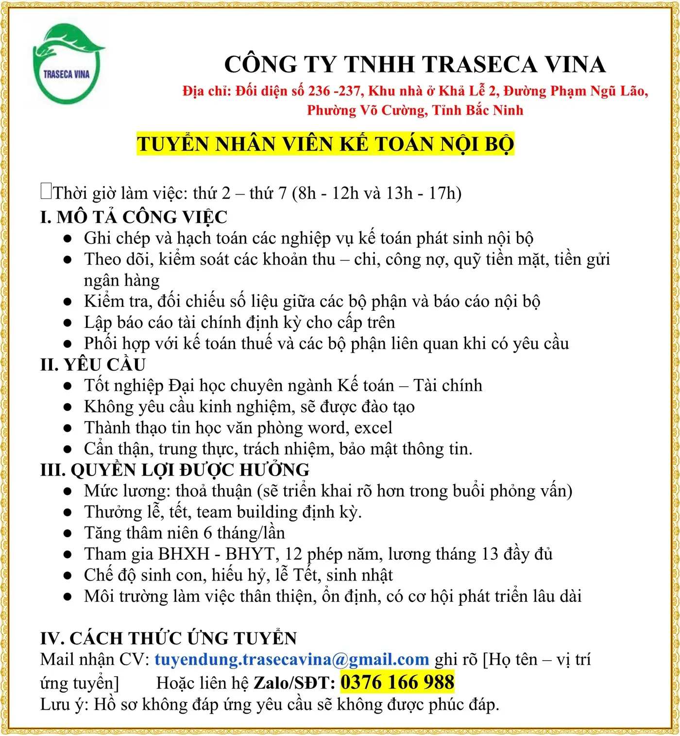Bắc Ninh TUYỂN NHÂN VIÊN KẾ TOÁN NỘI BỘ