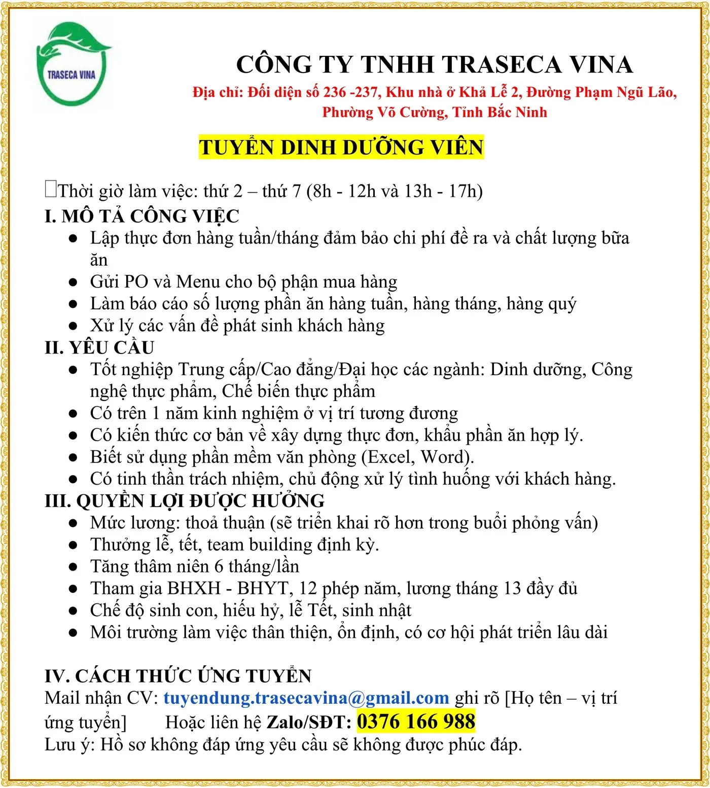 Bắc Ninh TUYỂN DINH DƯỠNG VIÊN