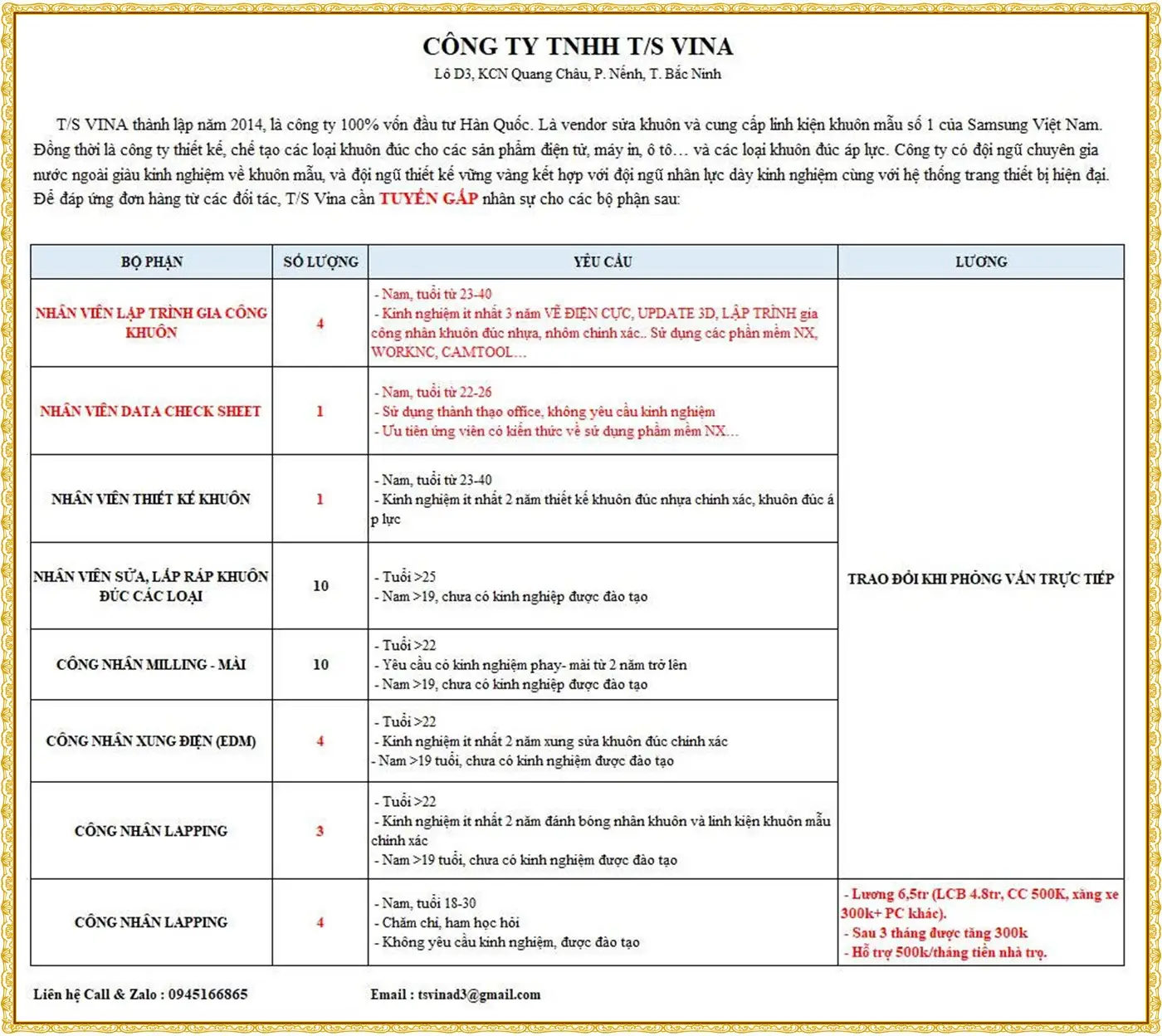 Công ty T/S vina Bắc Ninh tuyển dụng nhiều vị trí